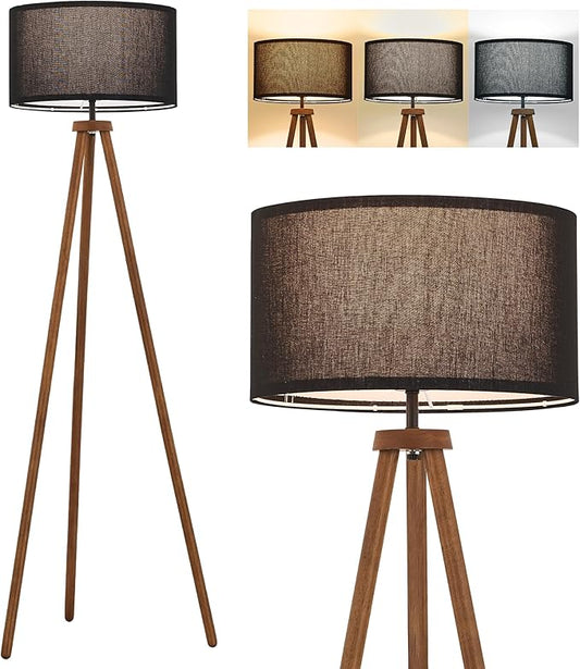 ELYONA Wood Tripod Floor Lamp, Modern Standing Lamp with Black Drum Linen Shade & 3 Color Temperatures LED Bulb, Industrial Tall Reading Lamp for Office Living Room Bedroom, ETL Listed Walnut & Black