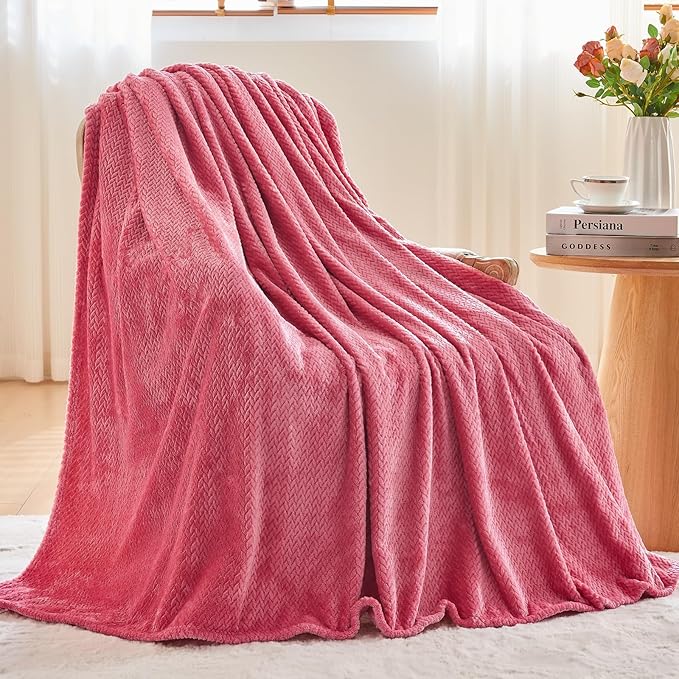 NEWCOSPLAY Super Soft Throw Blanket Coral Pink Premium Silky Flannel Fleece Leaves Pattern Lightweight Bed Blanket All Season Use (Coral Pink, Throw(50"x60"))