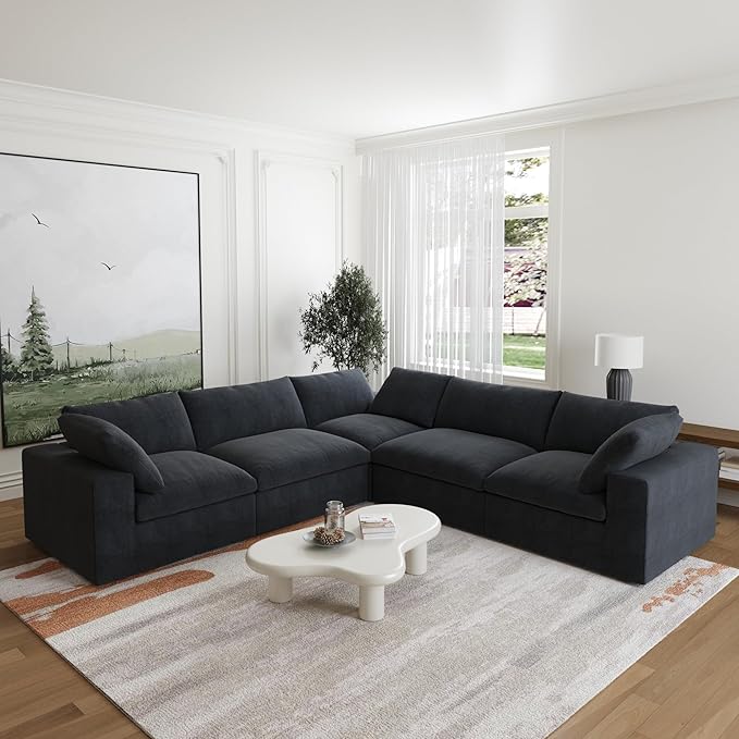 JACH Modern Seational Couch for Living Room, 5-Seats Modular Convertible Sofa, V-Shaped Cloud Couches, Couch Cushion Covers Removable, Comfy Sofas for Living Room Apartment (Black)