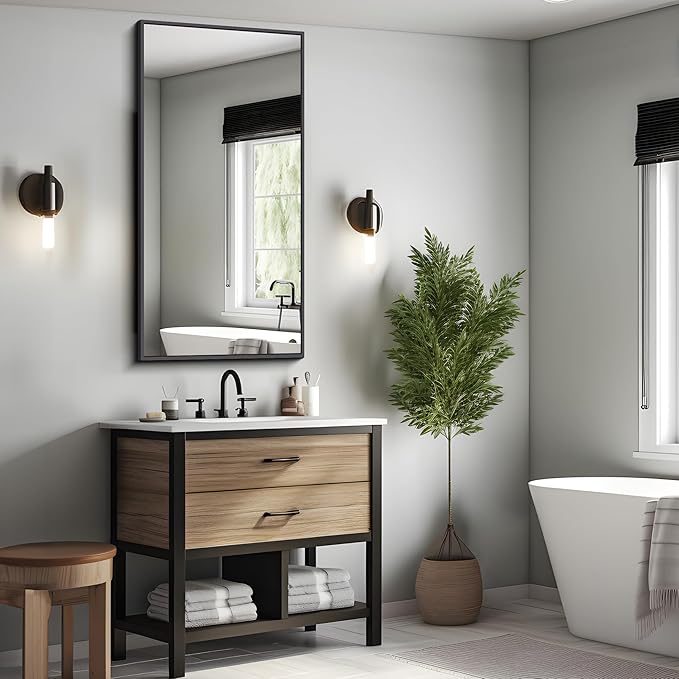 KOCUUY 24x48 Inch Large Black Wall Mounted Mirror,Aluminum Framed Decorative Rectangular Bathroom Mirror for Wall Over Sink,Vanity Mirror for Bedroom Living Room Bathroom,Functional Oversized Mirror