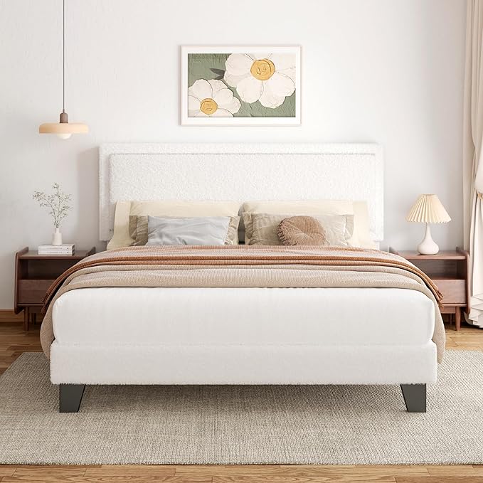 King Size Bed Frame and Headboard, Upholstered Platform Bed with Adjustable Headboard, Soft Boucle Fabric, Modern Style, No Box Spring Required, Easy Assembly, Off-White