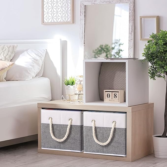 Yawinhe Foldable Storage Baskets for Shelves, Fabric Storage Cubes with Rope Handle, Closet Organizers for Clothes, 3-Pack, 14.96''Lx9.84''Wx8.26''H, White/Grey