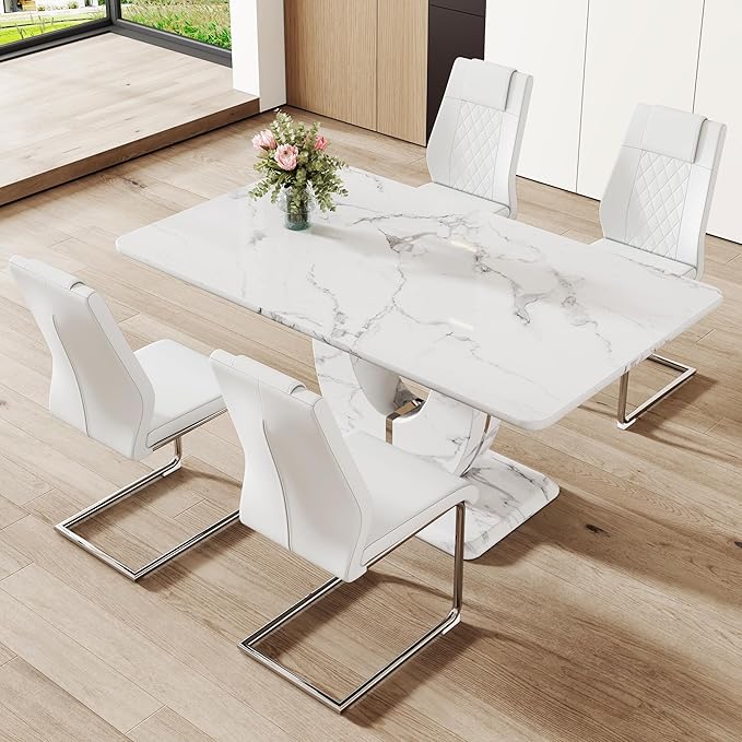 Dining Table Set for 4, Kitchen Table Chairs Set of 4, Modern Dining Room Set with 63 inch Marble Dinner Table PU Leather Upholstered Chairs for Dining Room Kitchen