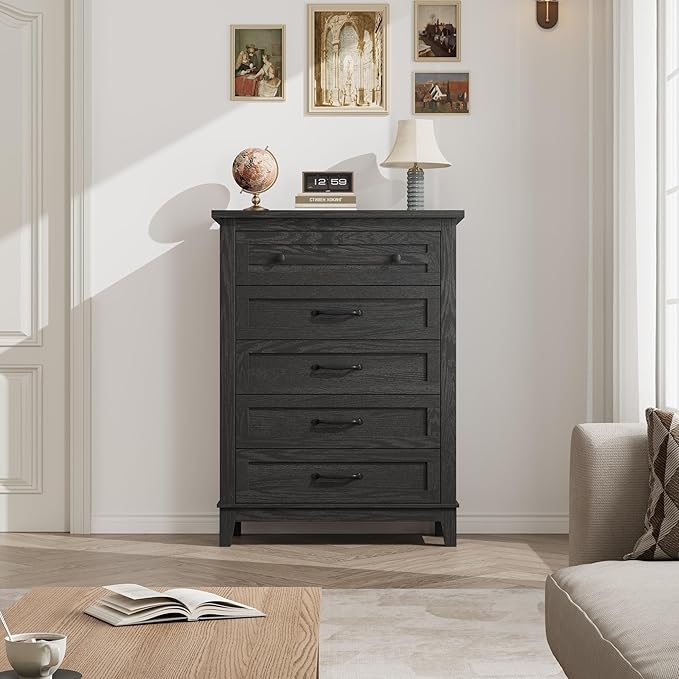 GarveeHome 5 Dresser for Bedroom, 41.3" Tall Vertical Drawer Dresser with Large Storage, Freestanding Wooden Closet Chest for Bedroom, Living Room, Black