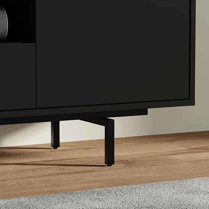 Norrhaus 75-Inch Modern TV Stand – Black Finish, 20-Inch Height, No Tools Assembly Technology, Storage Cabinets with Center Channel Speaker Shelf, Mid-Century Modern Design