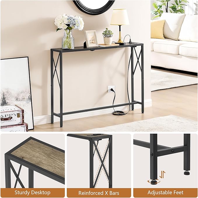 41.7" Console Table, Narrow Behind The Couch Table with Outlet, Industrial Skinny Sofa Table for Hallway, Entryway, Living Room,Walnut