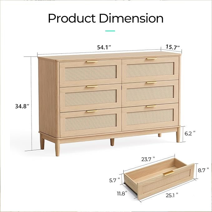 LINSY HOME Rattan Dresser for Bedroom with 6 Drawers, 47" Wide Chest of Drawers, Mid Century Modern Dresser TV Stand with Metal Handle, Wood Closet Storage Cabinet for Living Room, Hallway, Oak