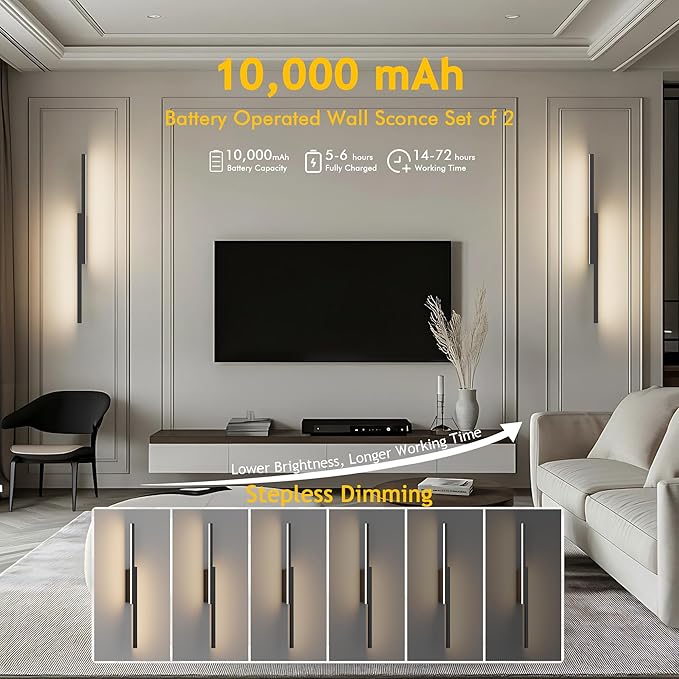 Aipsun Symmetrical Black Battery Operated Wall Sconce Set of 2, 10,000mAh Rechargeable Wall Sconce Lighting Dimmable Wireless Wall Lights for Living Room,Bedroom (2 Pack)