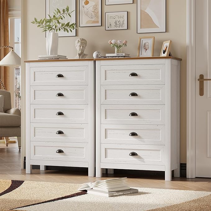 5 Drawer Dresser, Farmhouse Tall Dresser for Bedroom, Antique White Chest of Drawers, Modern Dressers for Bedroom, Closet