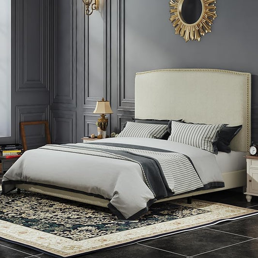 Queen Size Bed Frame with Headboard, 56" Upholstered Platform Bed with Nailhead Trim, Soft Boucle Fabric, No Box Spring Needed, Easy Assembly, Cream