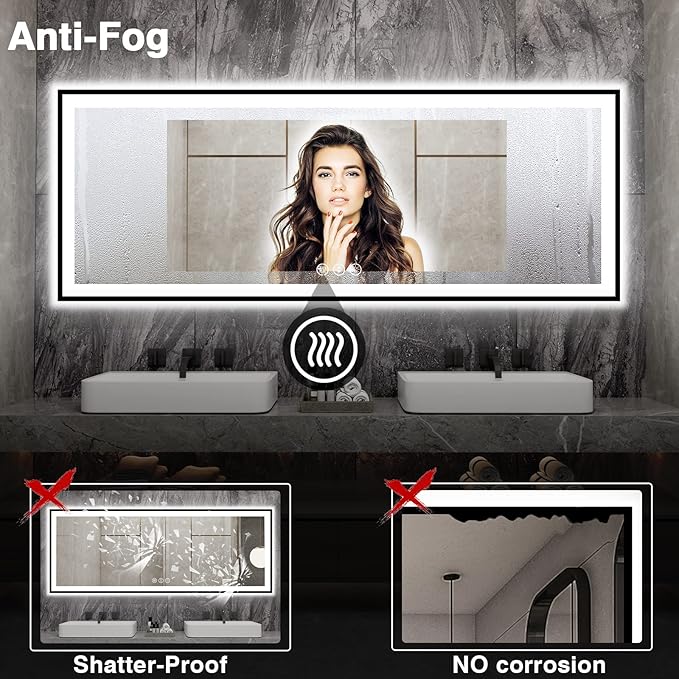 84x32 Large LED Bathroom Mirror - Black Aluminum Framed (Front and Backlit), Anti-Fog Lighted Mirror for Wall,Stepless Dimmable Vanity Mirror,3 Colors Smart Mirror(Horizontal/Vertical)