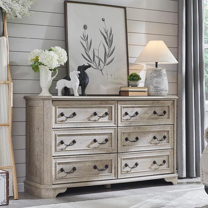 T4TREAM Farmhouse 6 Drawers Dresser for Bedroom, 54" Wide Wood Rustic Chest of Drawers with Natural Texture, Vintage Design, Storage Dressers Organizer for Bedroom, Living Room (Light Rustic Oak)