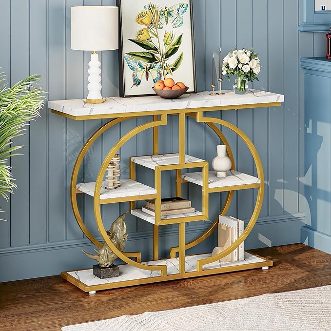 GiftGo Narrow Console Table for Entryway Industrial 4-Tier Sofa Table Behind Couch with Circle Base Rustic Wooden Accent Tables with Storage Shelves for Living Room, Hallway, Foyer (Gold and White)