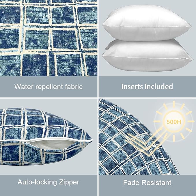 LVTXIII Outdoor Throw Pillows Set of 2, Patio Waterproof Pillows Fade Resistant Accent Pillows for Home and Garden Furniture Decoration, 16x16 Inch, Denim Blue Checkered