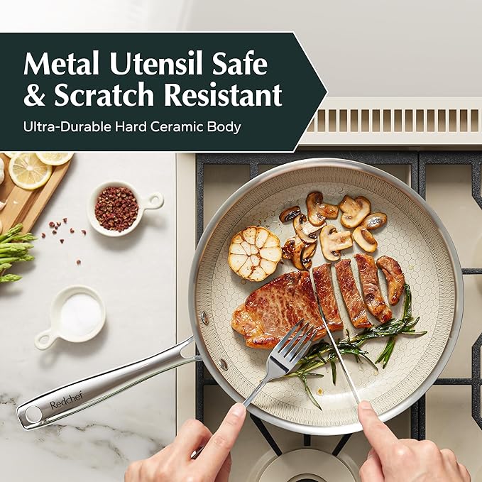 Redchef Non Stick Frying Pans, Hybrid 10 Inch Ceramic Frying Pan, Tri-Ply Stainless Steel Skillet, Non Toxic, PFAS PFOA & PTFE Free, Dishwasher & Oven Safe, Compatible with All Cooktops