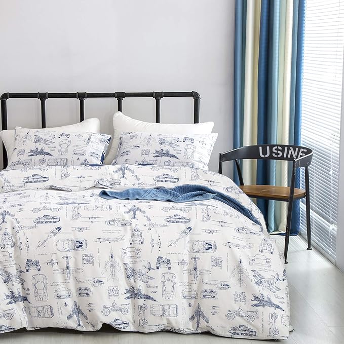 CLOTHKNOW Kids Twin/Twin XL Comforter Set Cartoon Bedding Comforter Sets Cars Blue White Comforter Toddler BeddingTwin Tank Aircraft Pattern