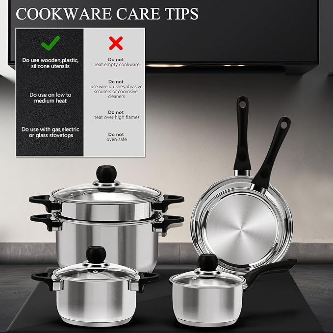 Stainless Steel Cookware Set, 12-Piece Pots and Pans Set, Induction Kitchen Cookware Set with Stay-Cool Handles, Non-Toxic, Dishwasher Safe & Suitable for All Cooktops, Black