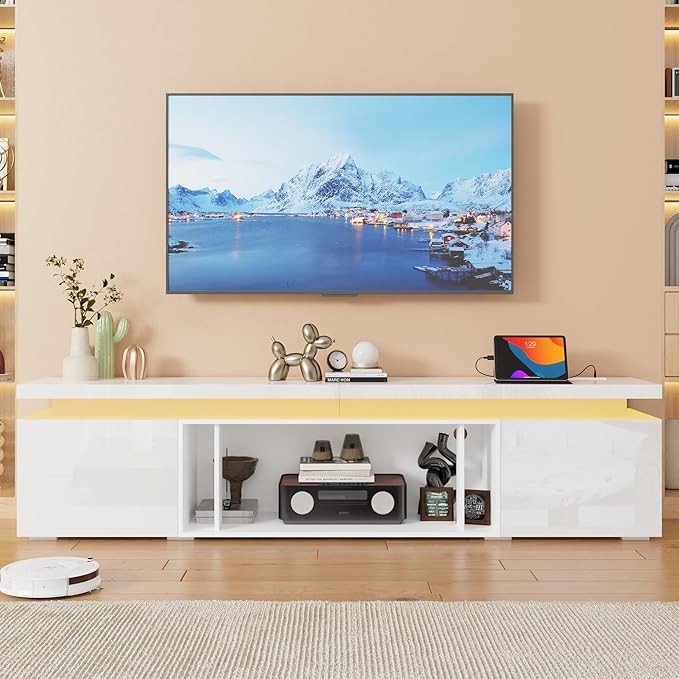 71Inch LED TV Stand for 80Inch TV, Modern TV Stand with Power Outlet, High Gloss TV Console Entertainment Center with Storage for Living Room (71 Inch, White)