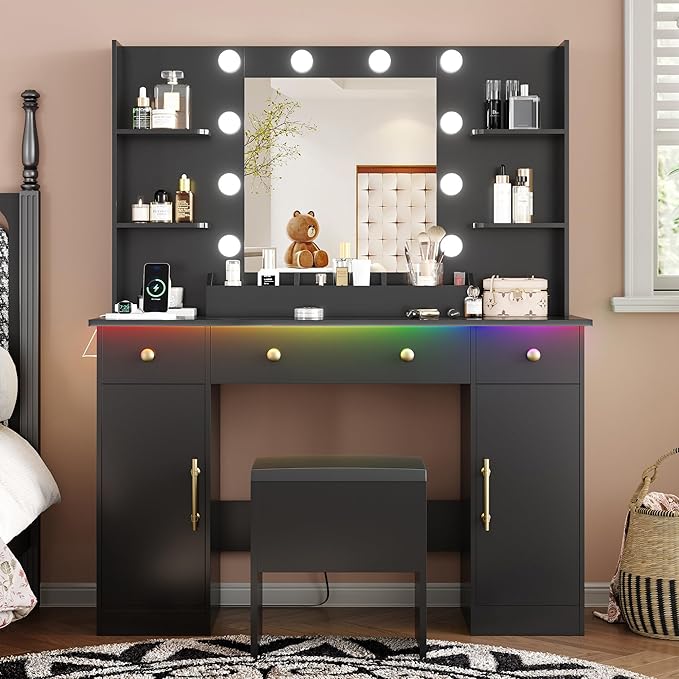 Vanity Desk with Mirror and Lights, 43'' Black Makeup Dressing Table Set with 5 Drawers & Chair, Power Outlet, 3 Lighting Modes Adjustable Brightness & RGB LED for Women Girls Bedroom Bathroom