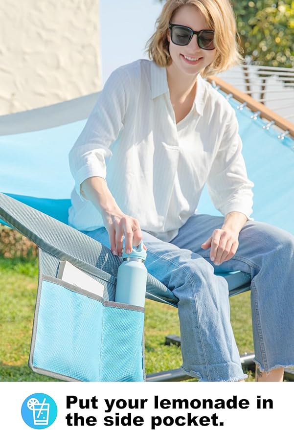 Waterproof Double Hammock with Stand for Outside Heavy Duty, 2 Person 55'' Large Quick Dry Textilene Hammocks with Hardwood Spreader Bar, Pillow, Side Pocket, 475lbs Capacity (Sky Blue)