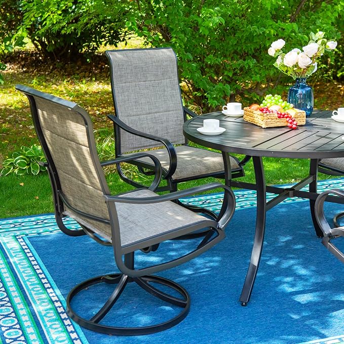 PHI VILLA Outdoor Patio Dining Set 5 Piece with 4 Padded Swivel Dining Chairs & 1 Large Round Dining Table, Textilene Mesh Fabric Chair and 42" Metal Table for All Weather