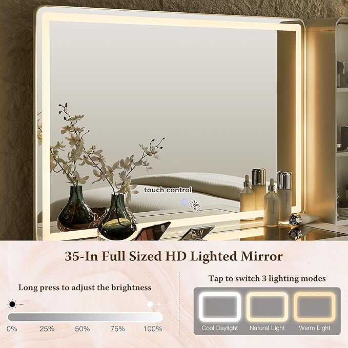 Fluted Makeup Vanity Desk with Large 35" HD Lighted Mirror, 48" Mid Century Modern Glass Top Vanity Table with 5 Drawers & Adjustable Shelf, Dressing Table w/Charging Station for Bedroom