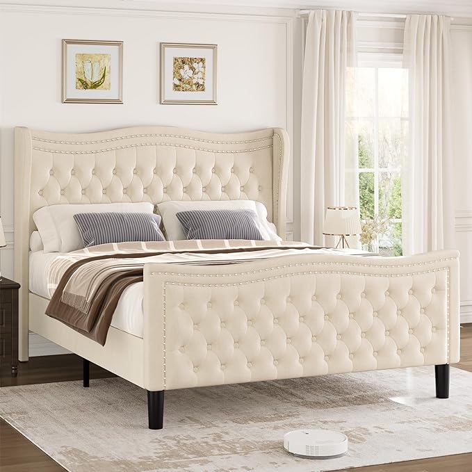 Full Bed Frame with Tall Headboard & Footboard, Velvet Upholstered Platform Bed Frame with Deep Button Tufted Wingback, No Box Spring Needed, Noise Free, Beige