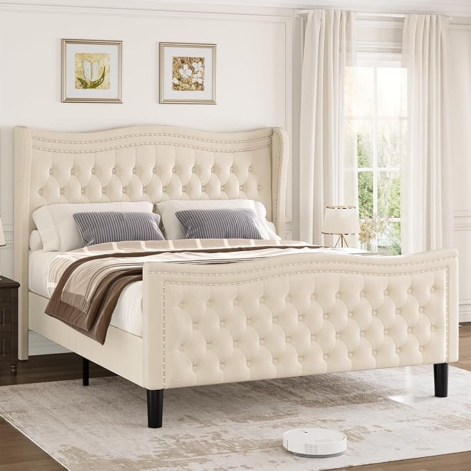 King Bed Frame with Tall Headboard & Footboard, Velvet Upholstered Platform Bed Frame with Deep Button Tufted Wingback, No Box Spring Needed, Noise Free, Beige