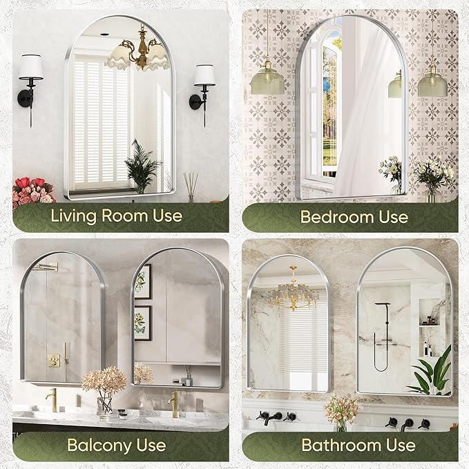 Suidia 24" x 36" Bathroom Mirror, Bathroom Vanity Mirror Metal Framed, Wall-Mounted Mirrors for Bedroom, Living Room, Entryway, Hallway, Silver, Arch Style