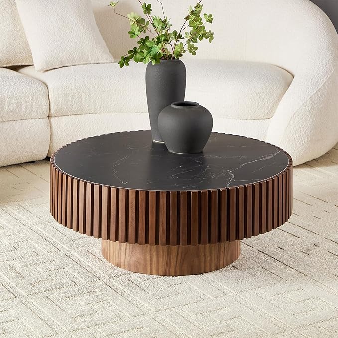 35.43'' Walnut Coffee Table Modern Handcraft Drum Round Circle Wooden Solid Wood Veneer Tea Table for Living Room Apartment (Sintered Stone Tabletop)