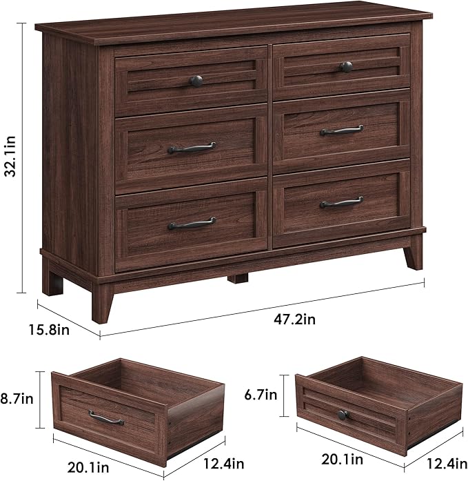 GarveeHome 6 Dresser for Bedroom, 47" Wide Drawer Dresser with Storage Freestanding, Wooden Closet Storage Chest for Living Room, Bedroom, Entryway, Walunt