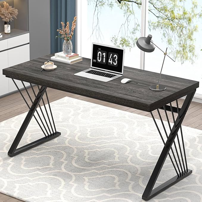 FOLUBAN Modern Home Office Desk, Rustic Wood and Metal Computer Desk, Writing Study Gaming Table PC Desks for Living Room Bedroom, Industrial Dark Gray, 53 inch