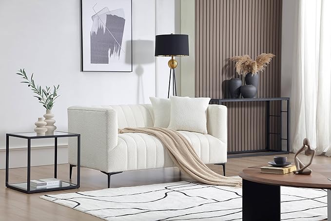 Get Set Style Modern Accent Loveseat Sofa Couch,Tufted Boucle Upholstered Sherpa Deep Seat Cloud Couch with 2 Pillows,Comfy 2 Seater Love Seat for Living Room Apartment Office Lounge Studio (White)