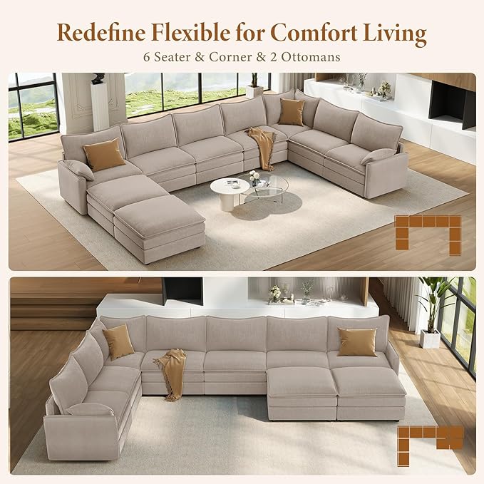 Vesgantti Large Modular Sectional Sofa, Big Comfy Cloud Couch with Ottoman Deep Seat Chenille Cloud Sofa, 9 Seater Large Sectional Couches for Living Room, Bedroom and Apartment, Light Brown