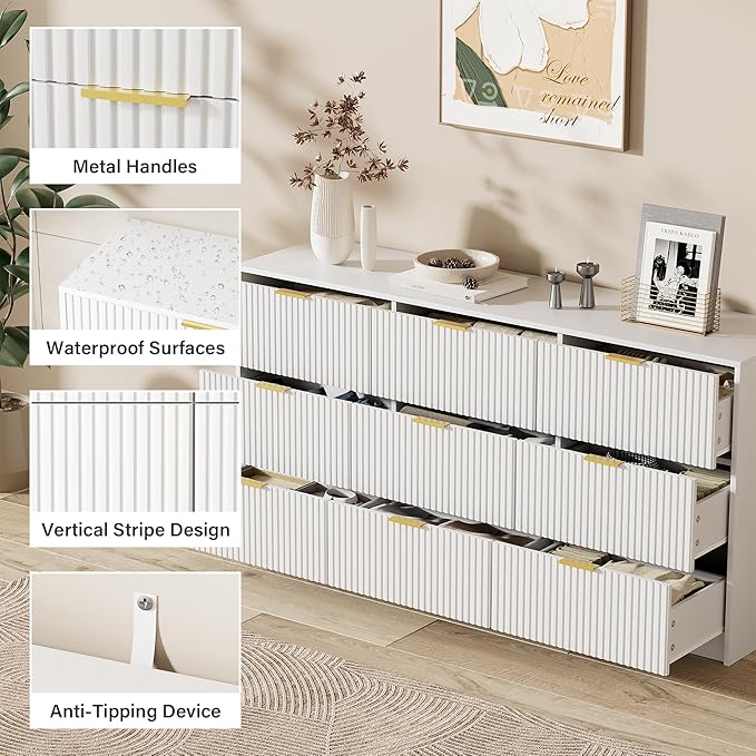 White Dresser for Bedroom, Modern 9 Drawer Dresser with Smooth Slides and Gold Handles, Wide Bedroom Chest for Living Room, Closet, 63" W x 15.7" D x 31.5" H