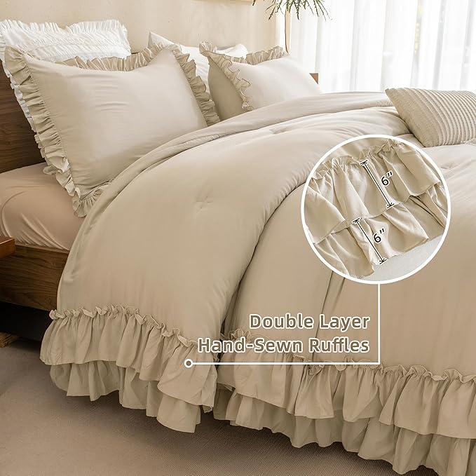 QSH Wheat Comforter King Size for Bed, Shabby Ruffle Chic Bedding Comforter Set, 3 Pices Farmhouse Vintage Bedding Sets, All Season Ultra Soft Lightweight Microfiber Fluffy Comforter