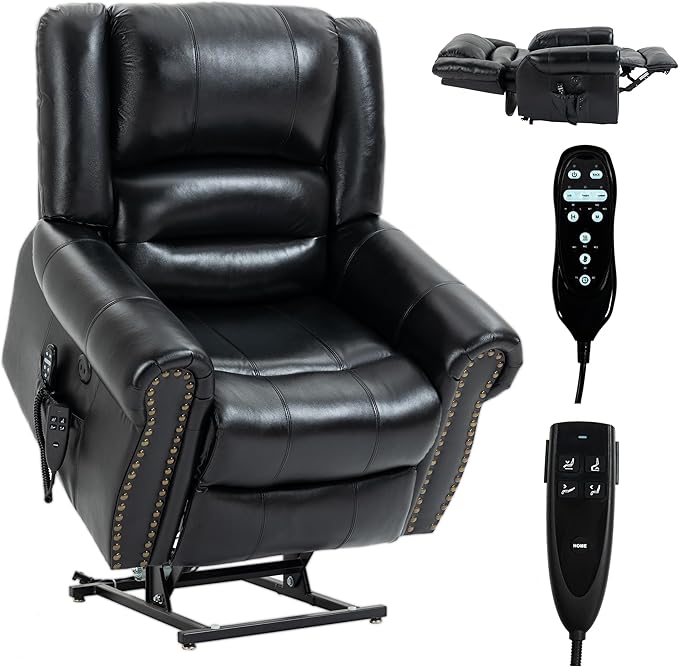 Dual Motor Power Lift Chair, Lay Flat Recliner Chair, Electric Recliner with Massage and Heat for Elderly, Remote Control, Infinite Position, Standing Assistance, USB Ports, Genuine Leather, Black