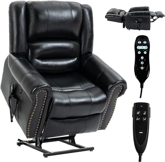 Dual Motor Power Lift Chair, Lay Flat Recliner Chair, Electric Recliner with Massage and Heat for Elderly, Remote Control, Infinite Position, Standing Assistance, USB Ports, Genuine Leather, Black