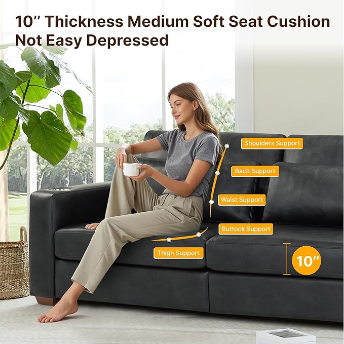 89" Sofa Couch for Living Room Faux Leather Upholstered Couch with Deep Seats and Wide Armrests 3 Seater Comfy Sofa with Cup Holders, USB & Type-C Ports, Spring Cushion, Solid Wood Frame Black