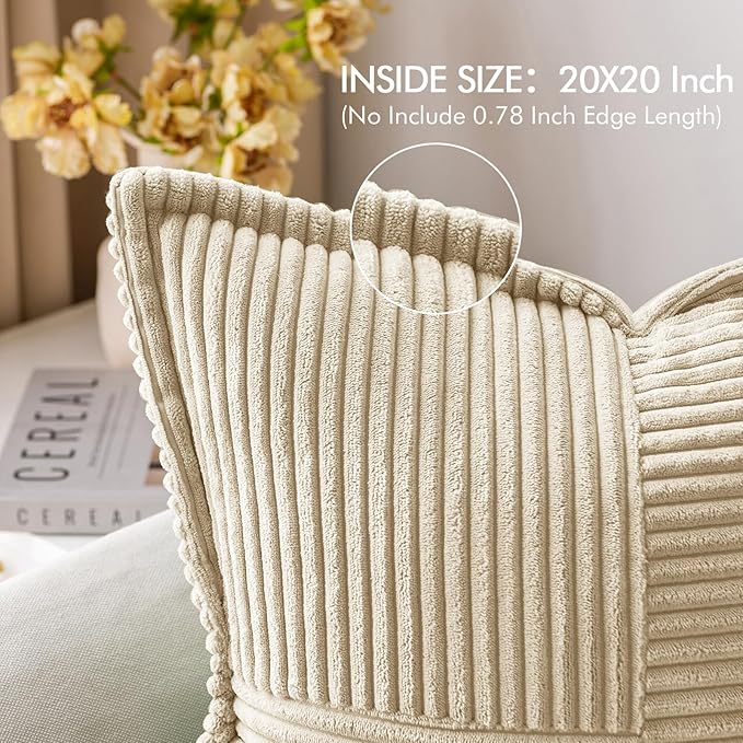 MIULEE Decorative Throw Pillow Covers for Couch Bed Livingroom 20x20 Inch Set of 2 Cream Boho Accent Throw Pllows Broadside Striped Patchwork Soft Corduroy Pillowcases