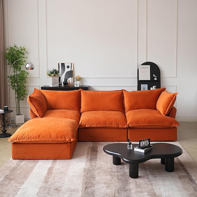 JACH L-Shaped Modular Couches, Deep Seat Sectional Couch with Chaise Ottoman, Modern Comfy Cloud Sectional Sofas, Cushion Covers Removable, Two Corners and A Middle Sofa for Living Room (Orange)