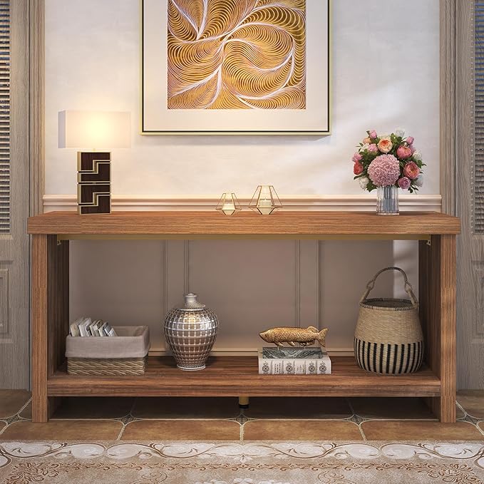 63 Inches Narrow Console Table, 2-Tier Long Sofa Tables Behind Couch Table, Farmhouse Foyer Tables for Entryway, Hallway, Living Room, Rustic Brown