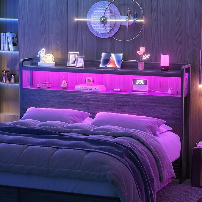 Aheaplus Headboard for Full Size Bed Frame, Headboards with Outlets, USB Ports and LED Light, Head Board with Storage, Height Adjustable, Sturdy and Stable Headboard, Full Size, Black Oak