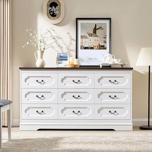 LIDYUK 9 Drawer Dresser for Bedroom Farmhouse WhiteTall Wood Chest of Drawers for Bedroom Dresser, Modern Rustic 59" Wide Drawers Dressers Wooden Closet and Storage Cabinet, Hallway, Living Room
