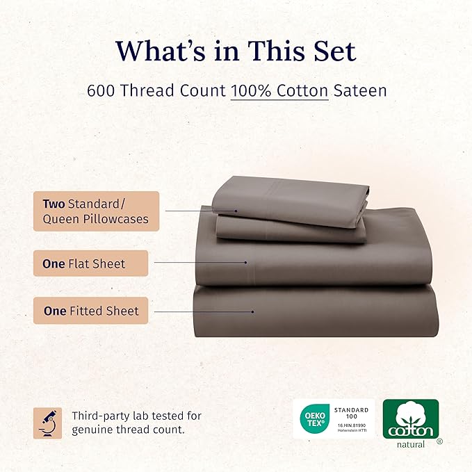 California Design Den 100% Cotton Sheet Set Queen, 600 Thread Count Sateen, Soft, Cooling Deep Pocket Cotton Sheets, Hotel-Quality Queen Sheet Set (Mushroom Brown)