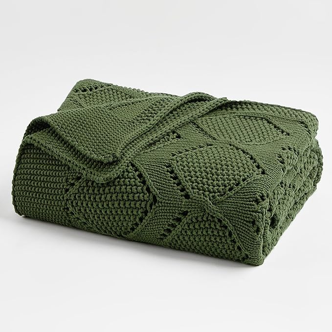 Longhui bedding Chunky Cotton Knit Throw Blanket for Couch, Sofa, Bed, or Chair, Decorative Breathable Fall Cable Knit Blanket 51 x 63 Inches, Olive Green