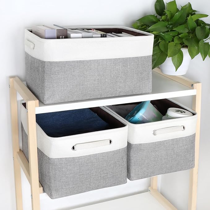 Kntiwiwo Large Fabric Foldable Storage Bin 17" x 11.8" x 9.8" Storage Baskets with Handle Large Cube Storage boxes for Closet, Shelves, Home, Set of 3, Grey