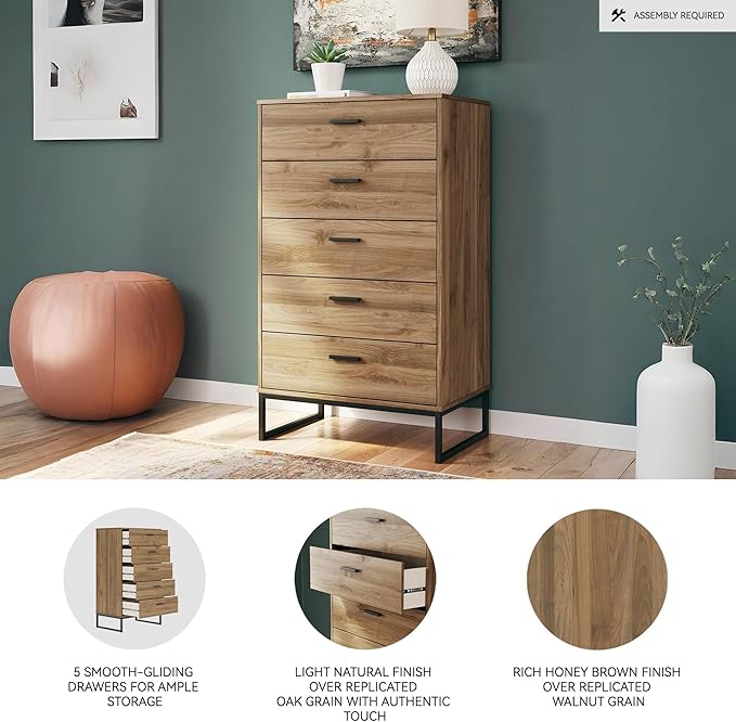 Signature Design by Ashley Deanlow Mid-Century Modern 5 Drawer Wide Chest with Safety Stop for Bedroom, Light Brown & Black