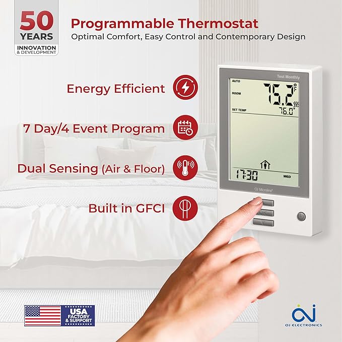 40sqft Floor Heating Cable Kit - 120v In Floor Heating System for Tile - Heated Flooring System - Includes UDG Programmable Thermostat w/GFCI, Heater Cable, Strapping, Flooring Sensor & Alarm