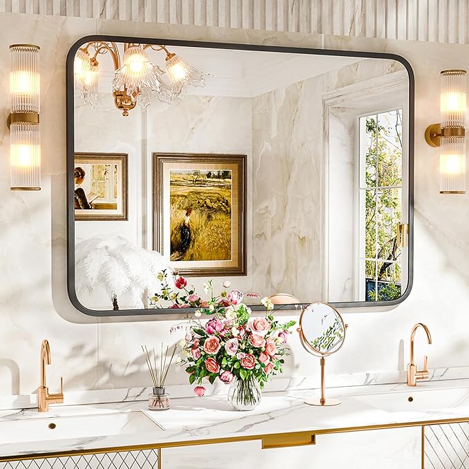 22"×30" Bathroom Mirror for Wall, Modern Bathroom Vanity Mirror, Black Bathroom Mirrors for Over Sink with Metal Framed HD Tempered Glass Hangs Horizontally or Vertically